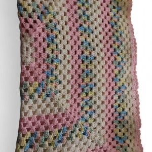 Handmade Crocheted Baby Blanket in Pastel Pink, Yellow, Blue & Cream